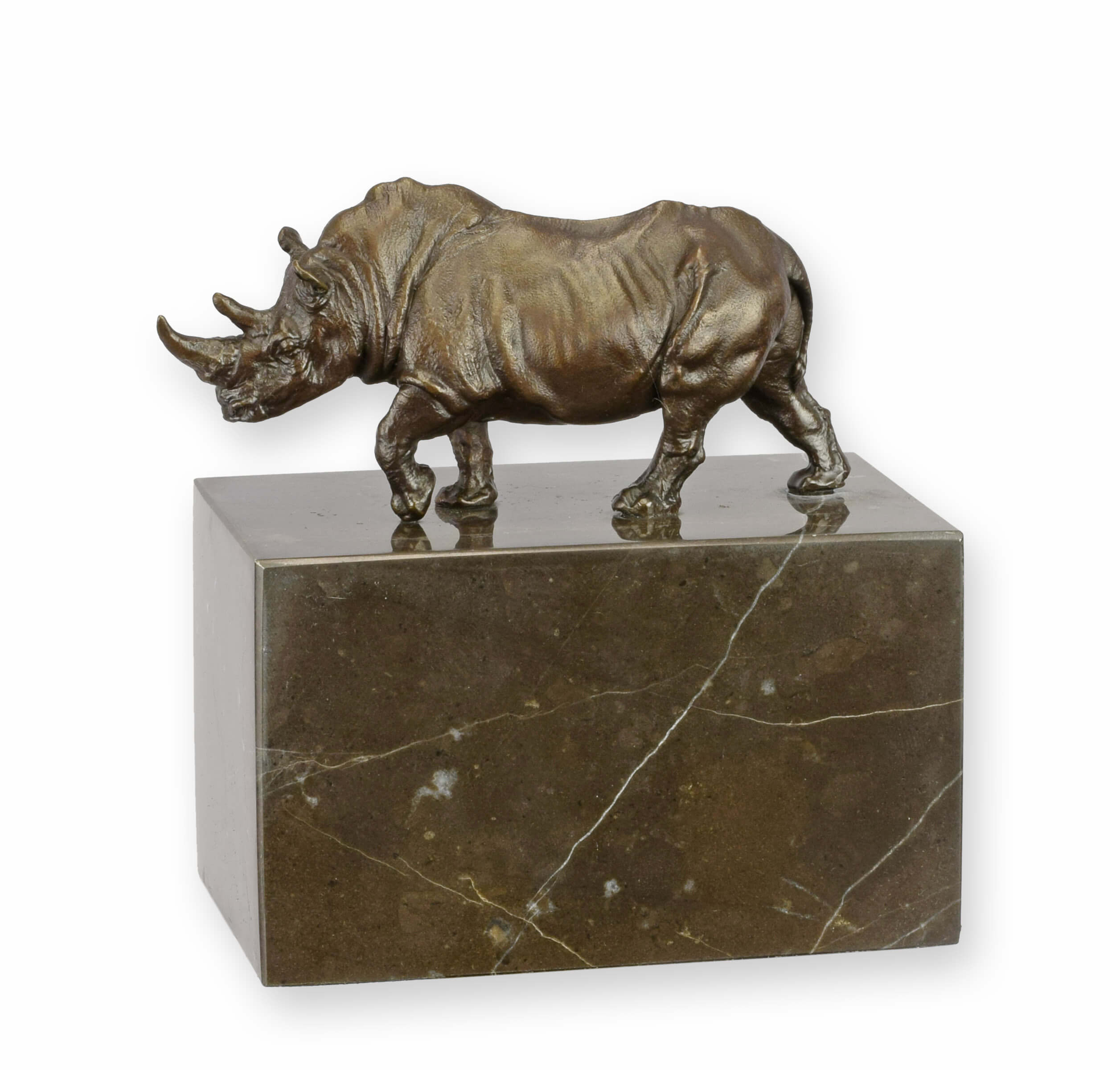 Brass Rhino Sculpture, Bronze Finish, Tierfigur, Marmorbasis, Brauner Steinskulptur