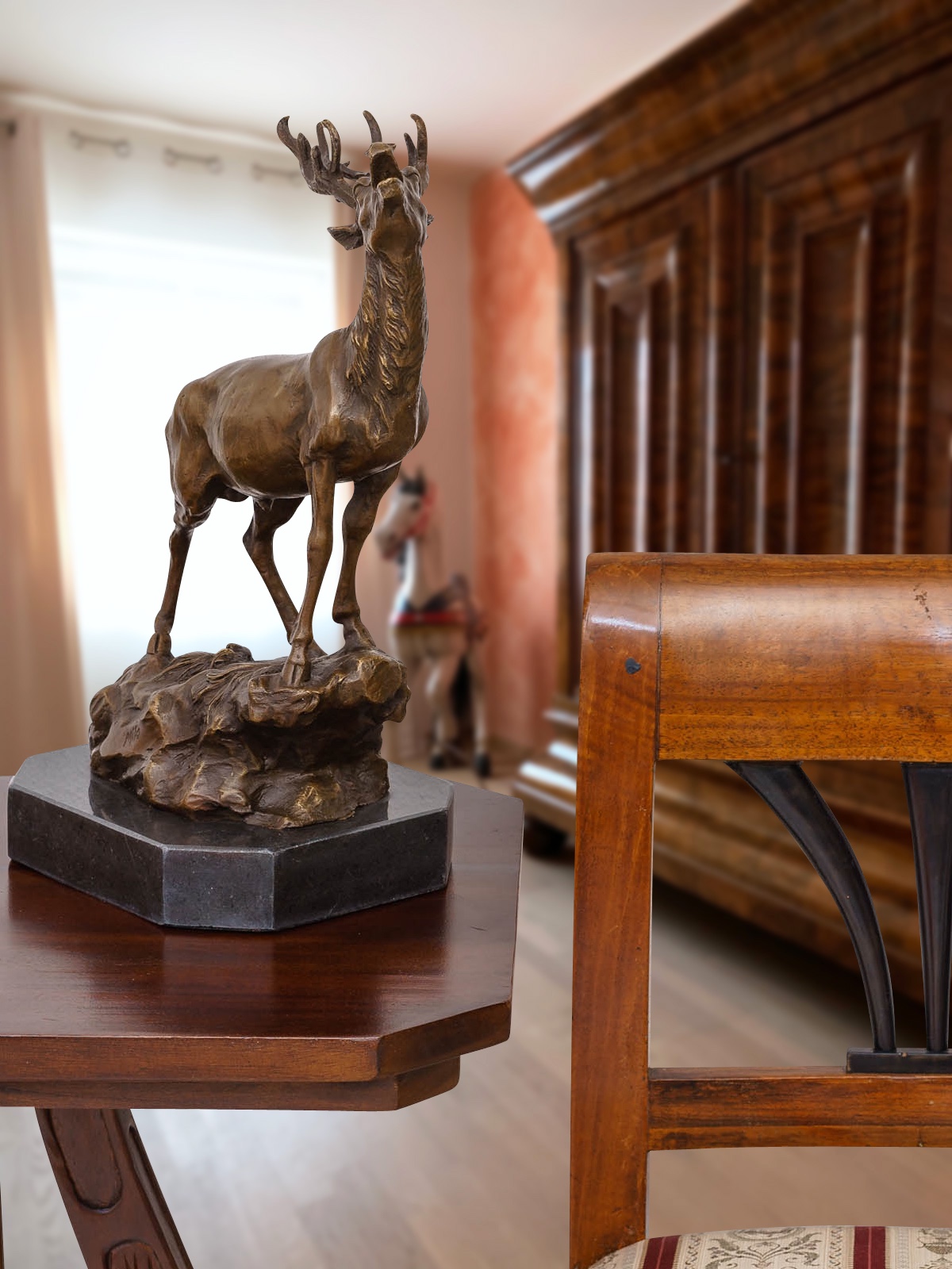 YB-109-9 Bronzeskulptur röhrender Hirsch Felsen im Antik-Stil Bronze Figur Statue