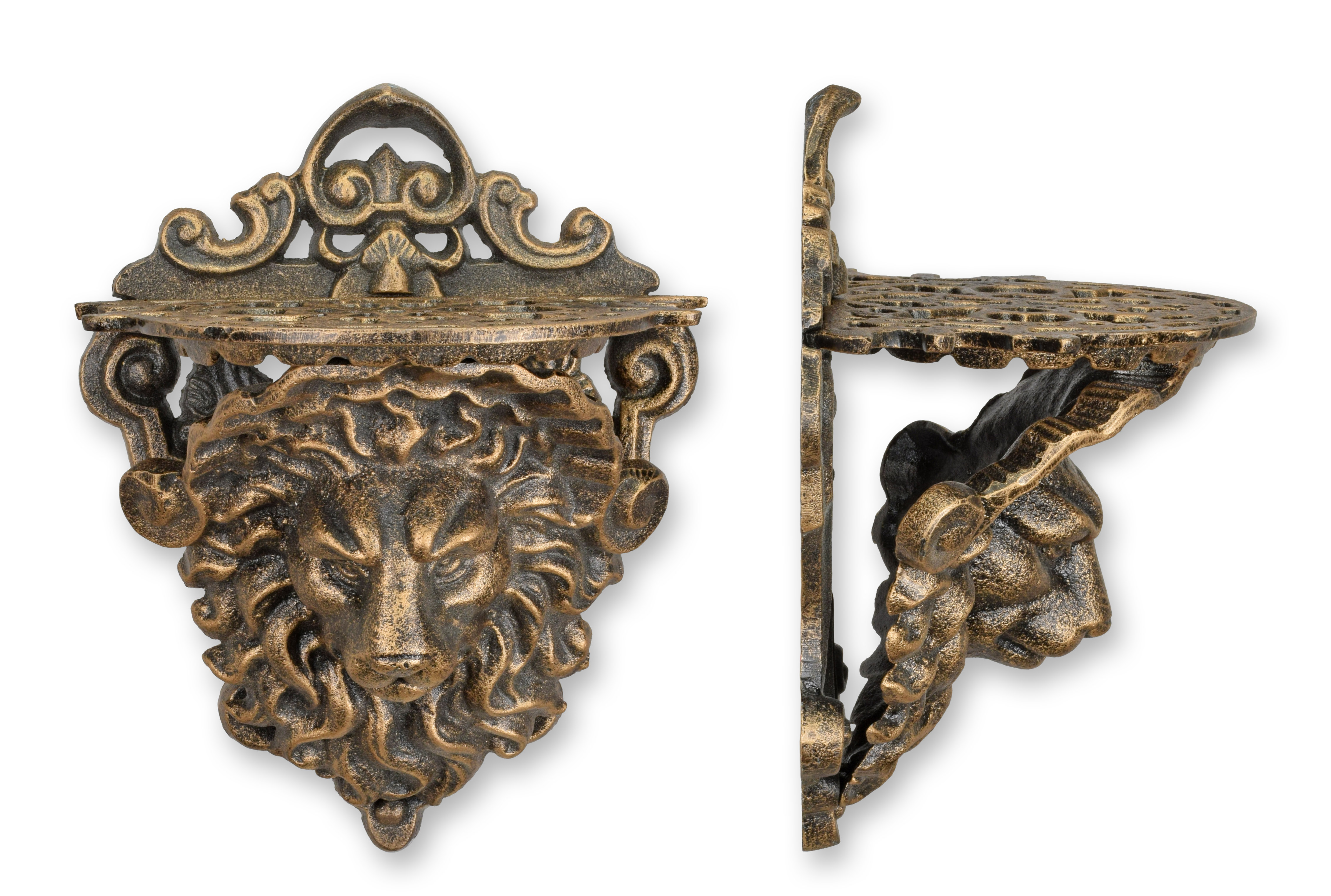 Eine Wandkonsole aus Gusseisen in Form eines Löwenkopfes – in Bronzeoptik Replikat Retro Design Dekoration Bronze, Gesicht, Kopf, Person