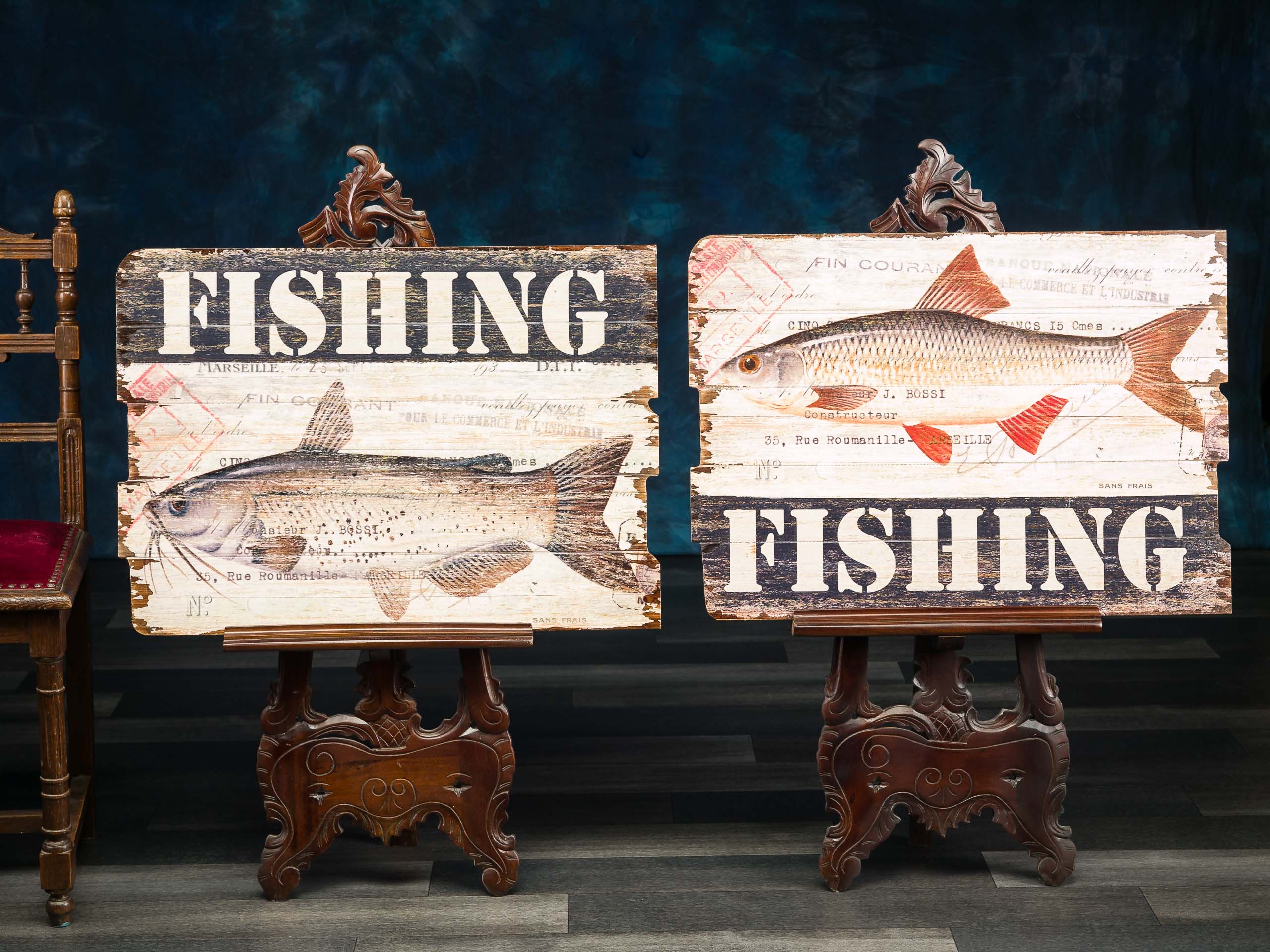 2x Bild Wandtafel Tafel Fishing Holzbild Wandbild Fischfang Angler angeln