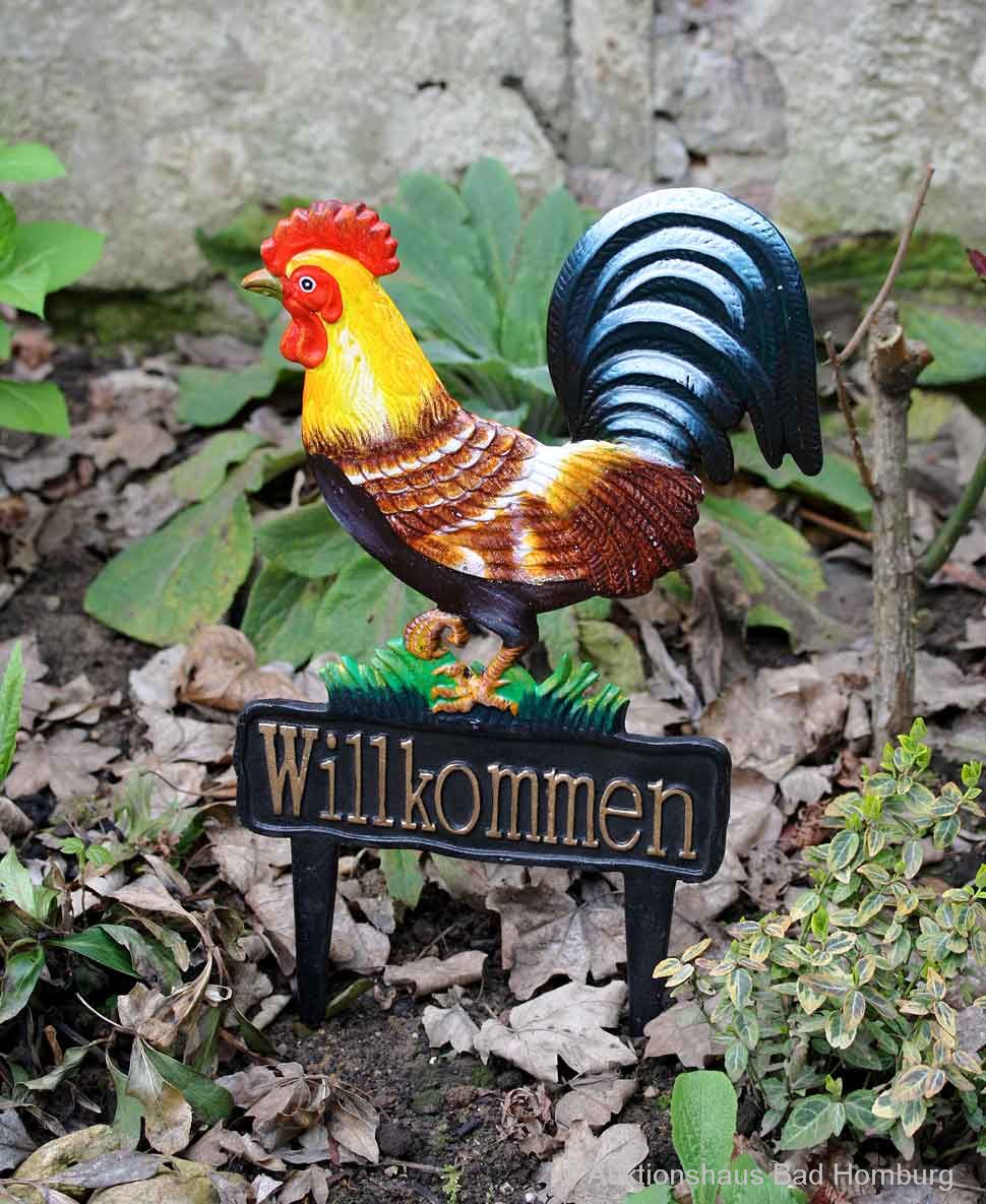 Beetstecker Huhn Hahn Willkommen Schild Garten Figur Skulptur antik Stil garden