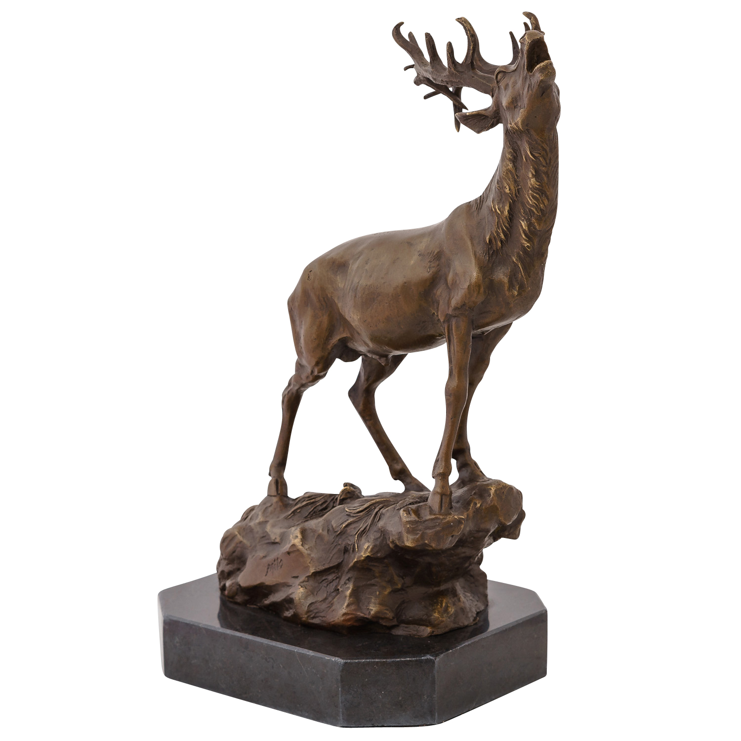 Bronzeskulptur röhrender Hirsch Felsen im Antik-Stil Bronze Figur Statue