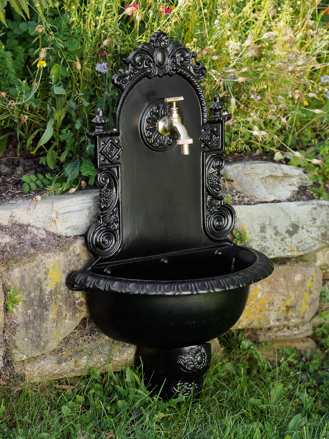 Brunnen Wandbrunnen Aluminium Waschbecken im Nostalgie schwarz Antik-Stil 72cm