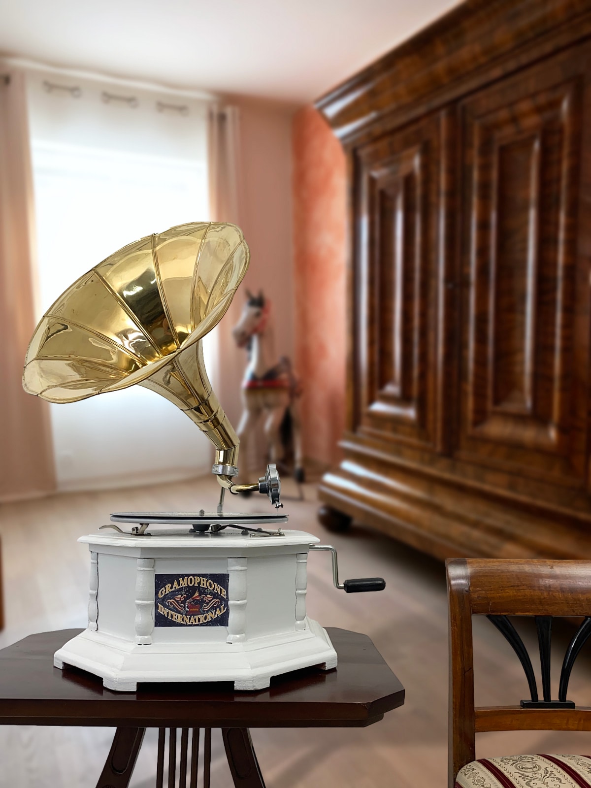 Nostalgie Grammophon Antik-Weiß Shabby Chic Gramophone Antik-Stil 70cm