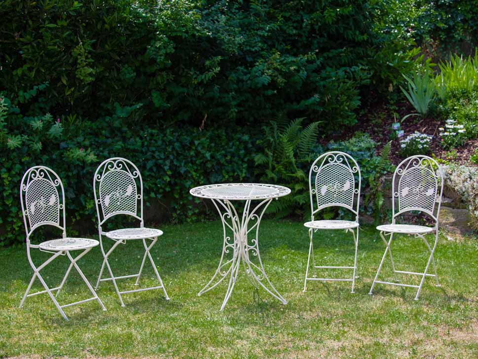 SET GARNITUR GARTEN TISCH UND 4 STÜHLE EISEN GARTENMÖBEL ANTIK STIL CREME WEISS