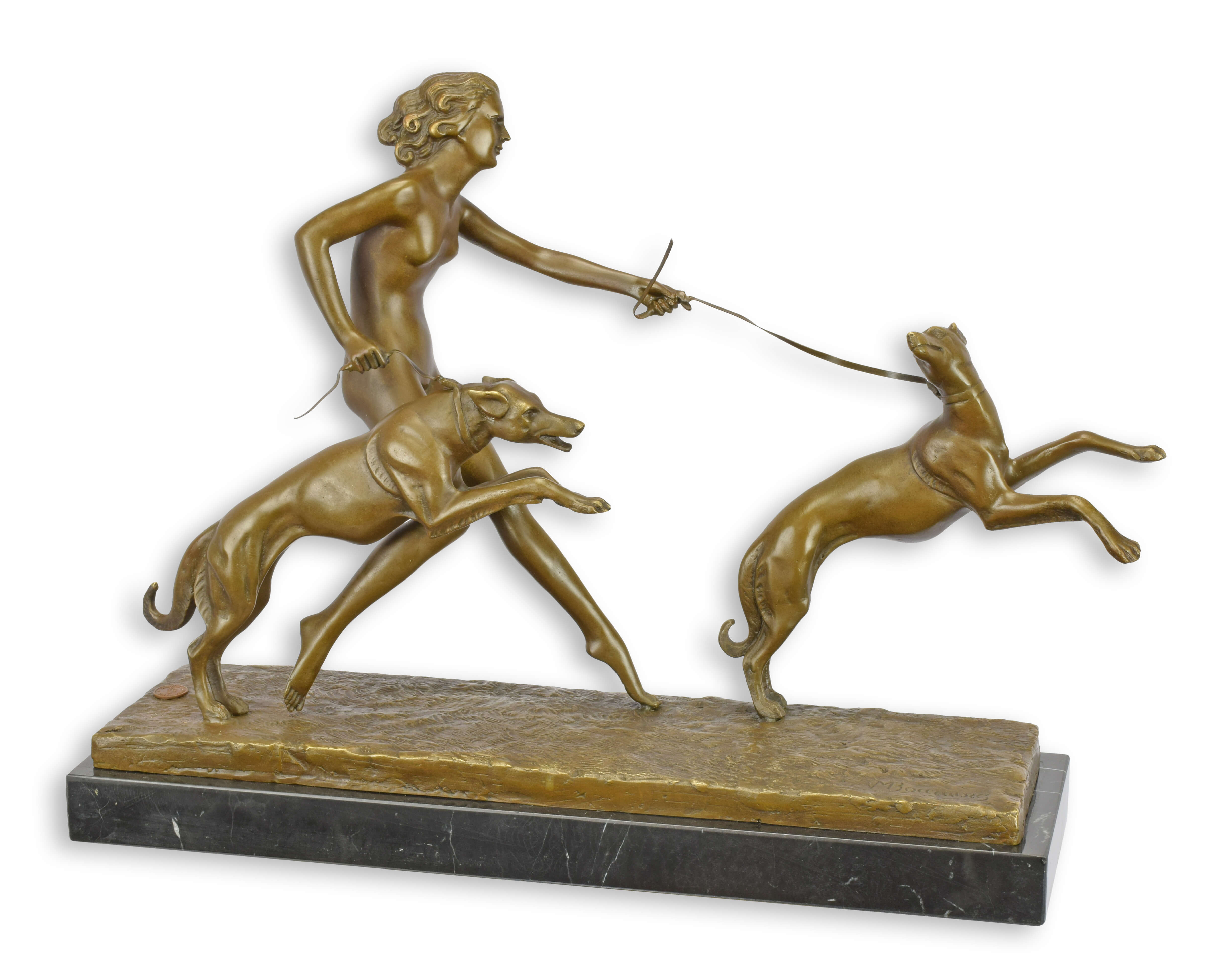 Bronzeskulptur Frau mit Hunden nach Bouraine Replikat Retro Design Dekoration
