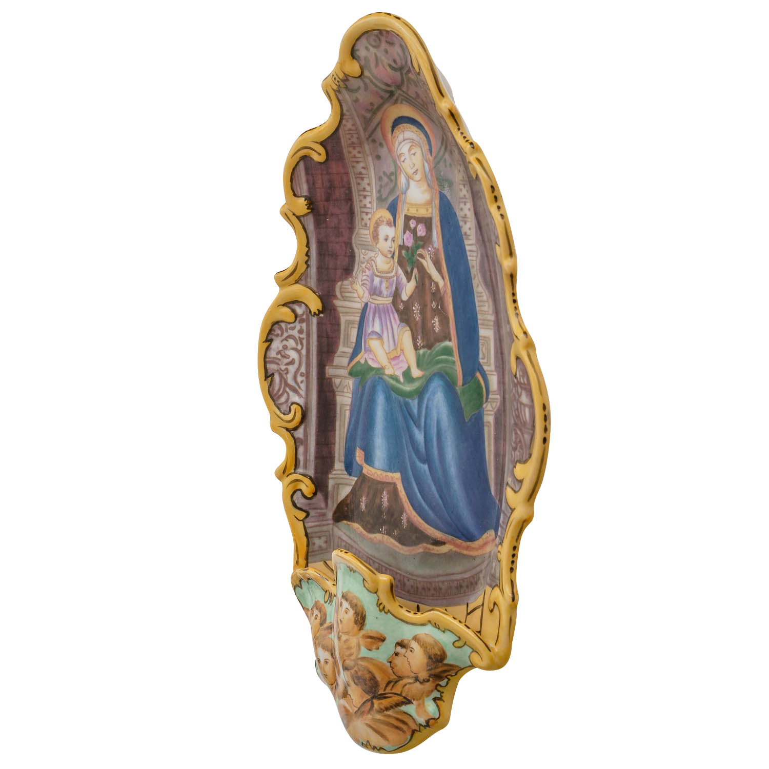 Weihwasserbecken Majolica Porzellan Religion Engel Antik-Stil 34cm