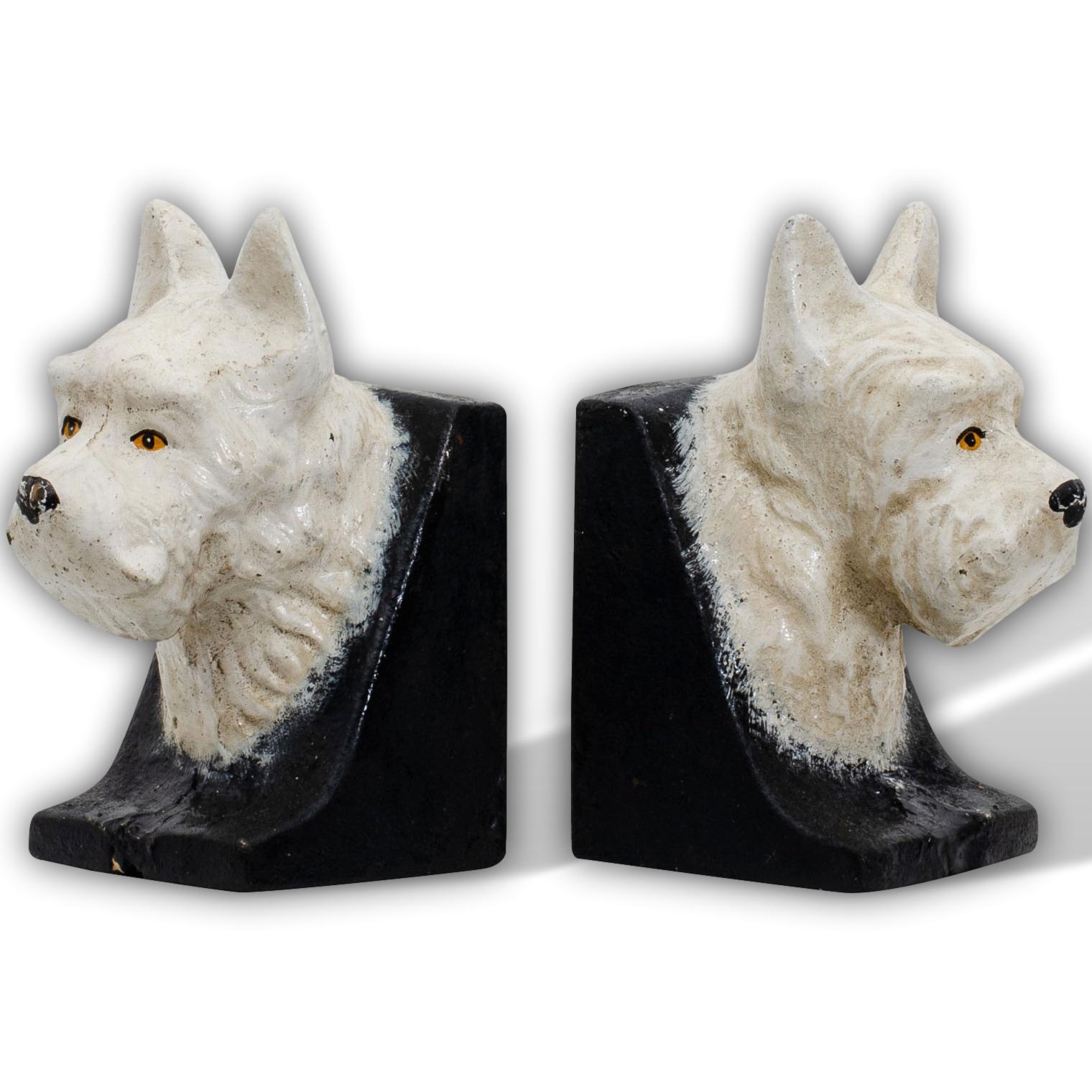 2 Buchstützen Buchständer Scottish Terrier Hund Kopf Figur Eisen 13cm Antik-Stil